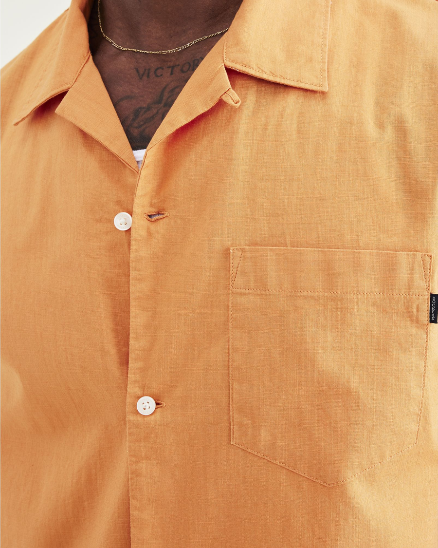 View of model wearing Apricot Buff Camp Collar Shirt, Regular Fit.