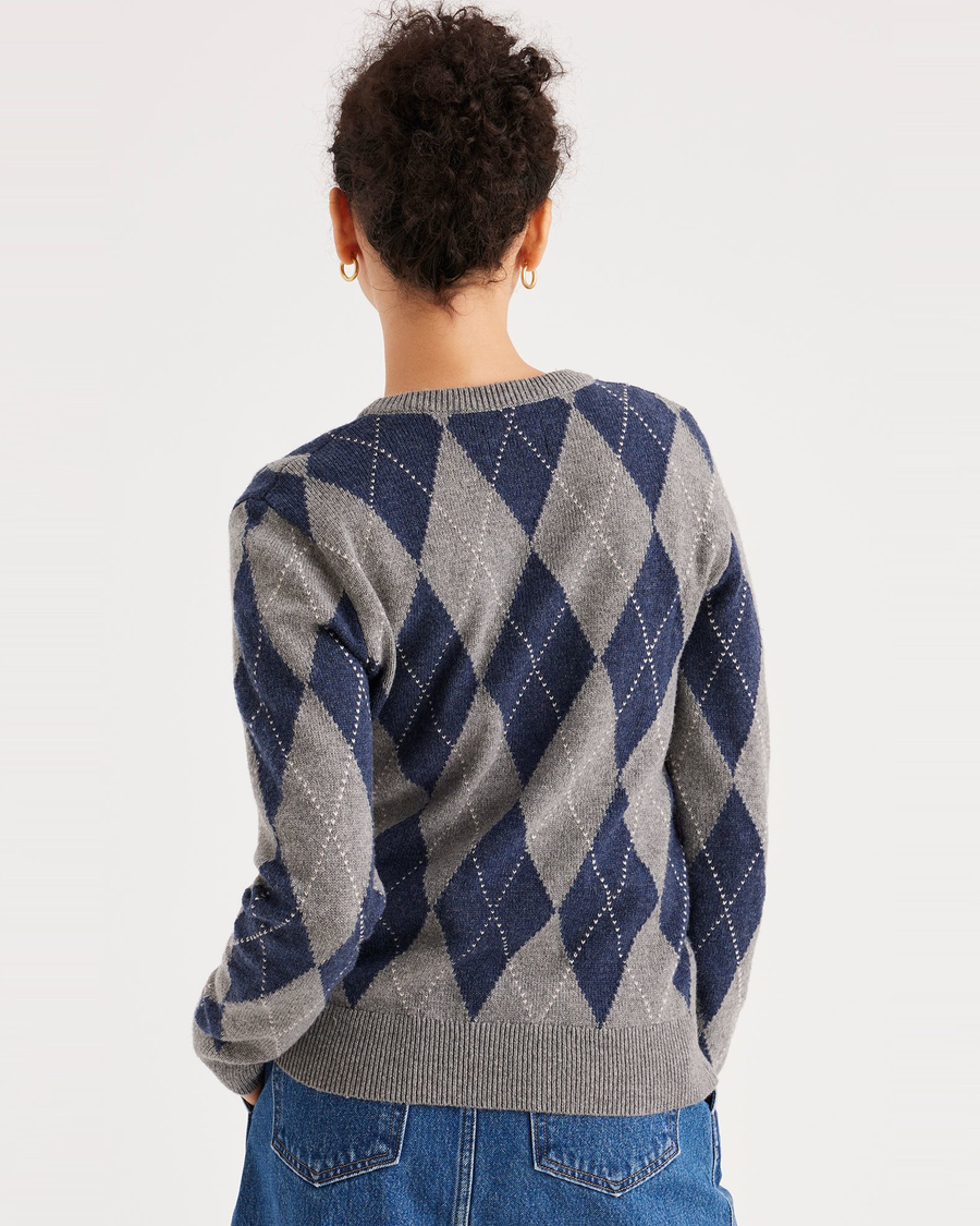 Back view of model wearing Argyle Decadent Chocolate Sweater, Regular Fit.