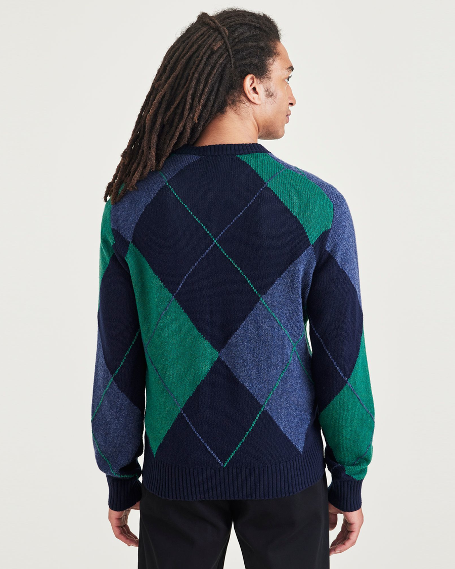 Back view of model wearing Argyle Gloia Navy Crafted Sweater, Regular Fit.