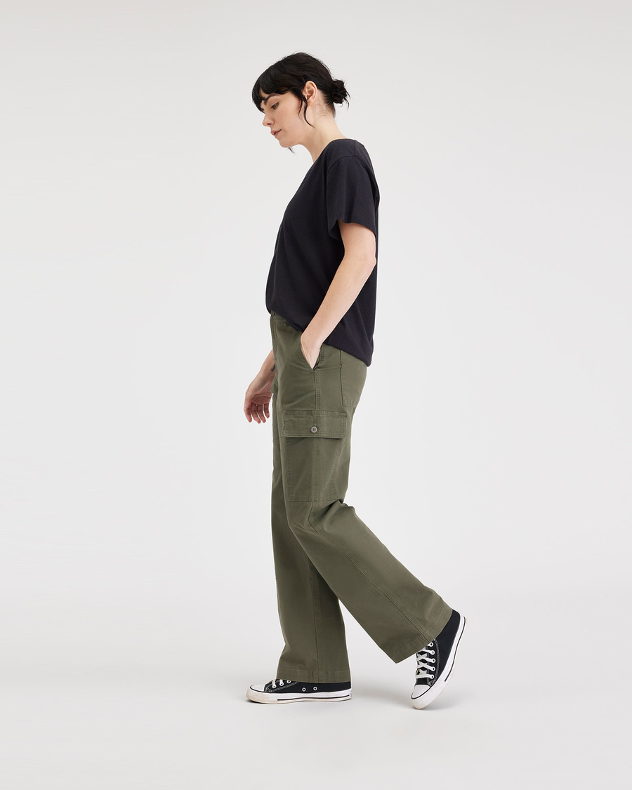 View of model wearing Army Green Cargo Pant, High Wide Fit.