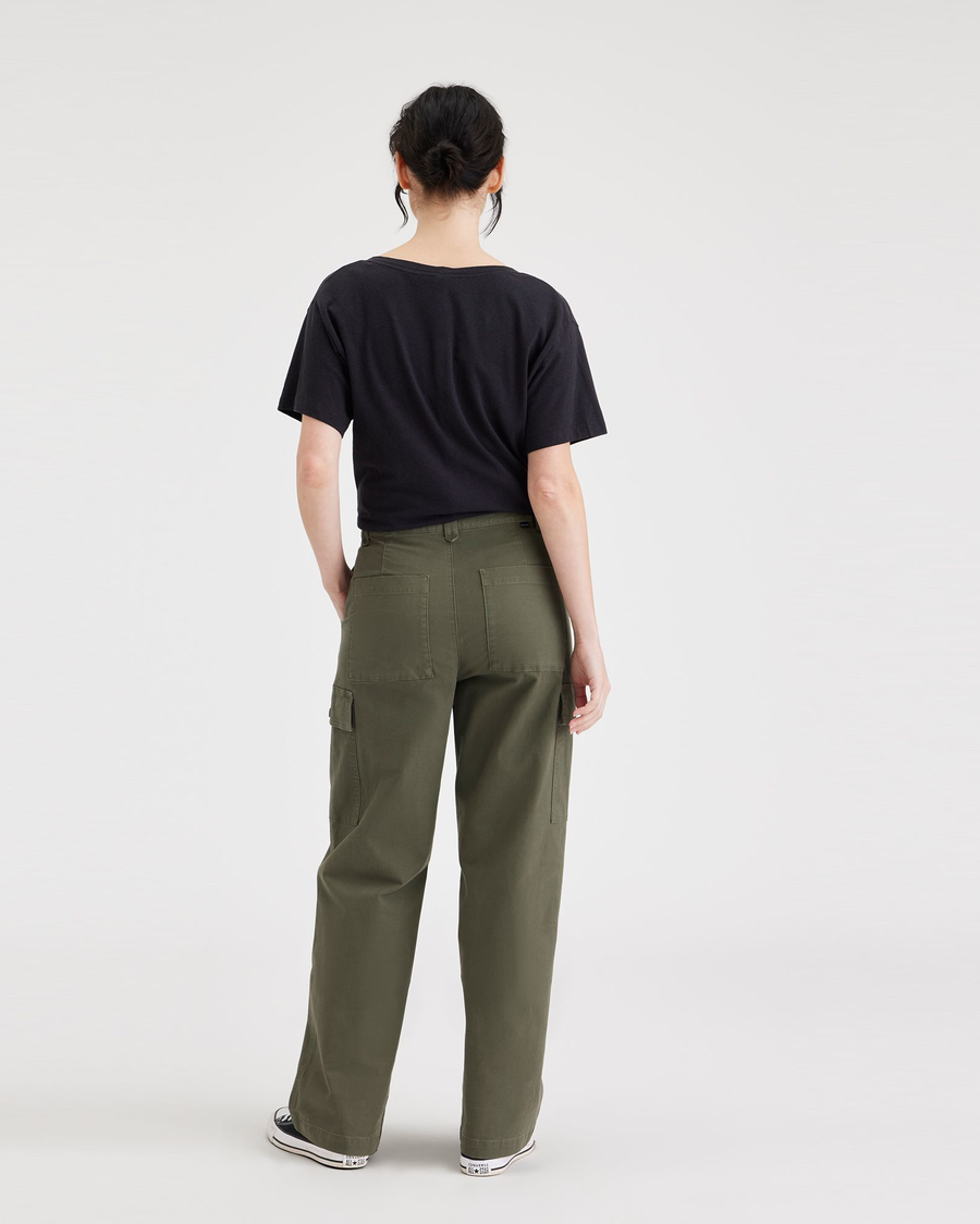 Back view of model wearing Army Green Cargo Pant, High Wide Fit.