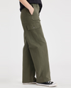Side view of model wearing Army Green Cargo Pant, High Wide Fit.
