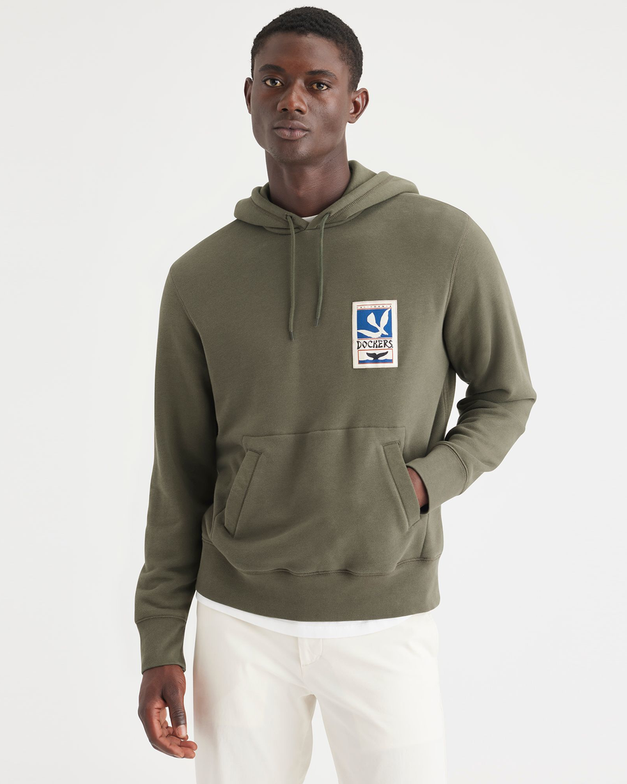 Front view of model wearing Army Green Hoodie, Regular Fit.