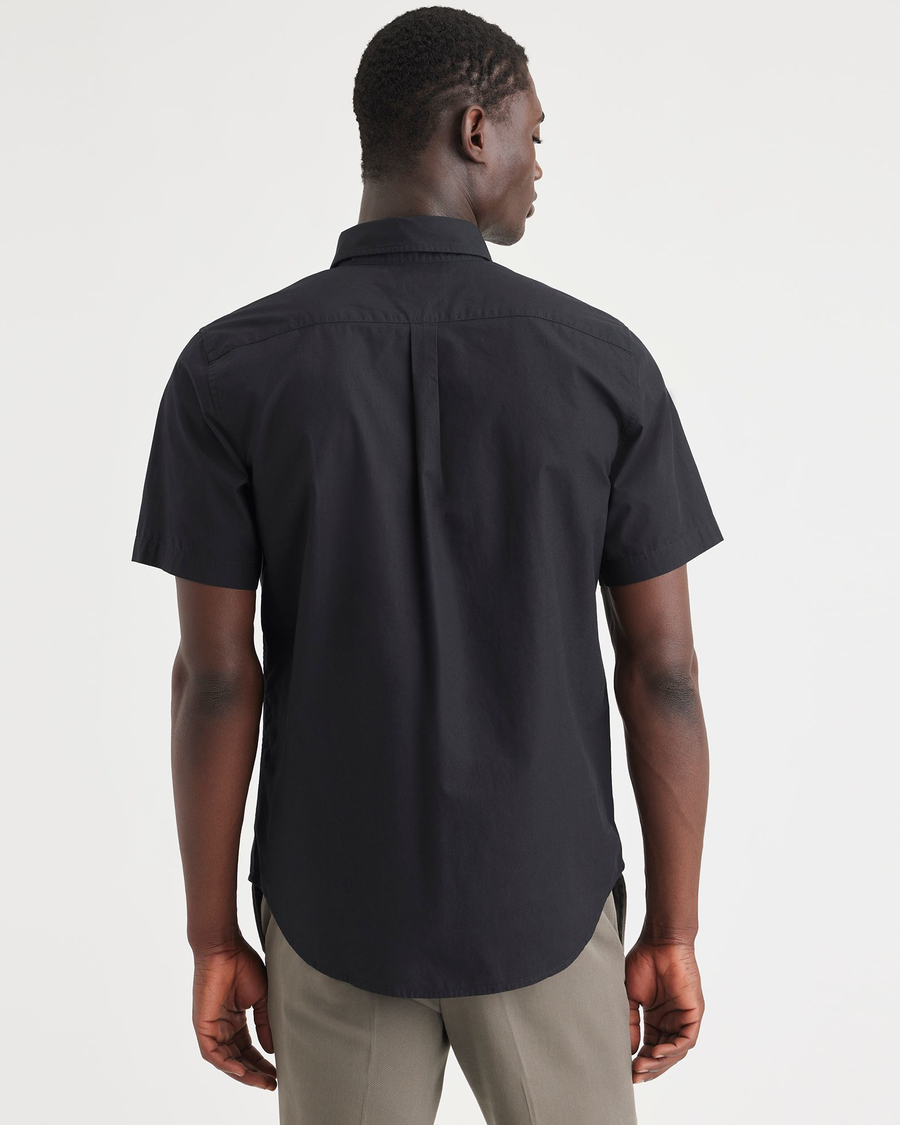 Back view of model wearing Beautiful Black Essential Button-Up Shirt, Classic Fit.