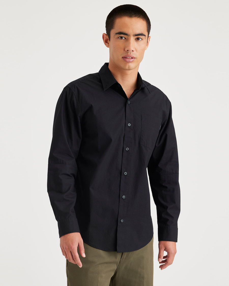 Front view of model wearing Beautiful Black Essential Button-Up Shirt, Classic Fit.