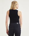 Back view of model wearing Beautiful Black Knit Tank, Slim Fit.