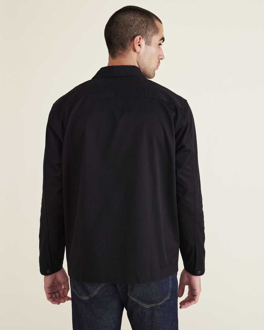 Back view of model wearing Beautiful Black Overshirt, Relaxed Fit.