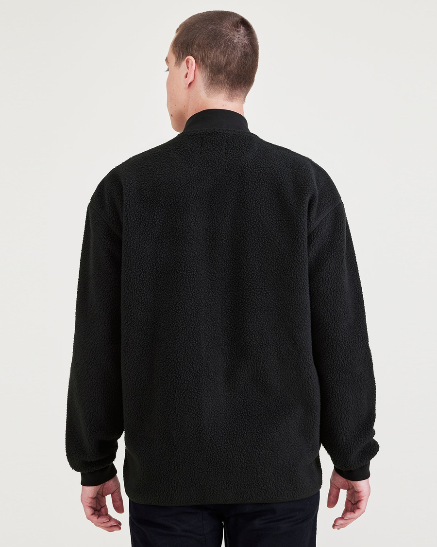 Back view of model wearing Beautiful Black Sherpa Jacket, Relaxed Fit.