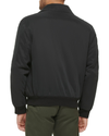 Back view of model wearing Black Microtwill Relaxed Laydown Collar Bomber.