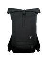 Front view of model wearing Black Roll Up Backpack, 23L.