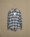 Front view of model wearing Blue Blue & Olive Plaid Shirt - L.