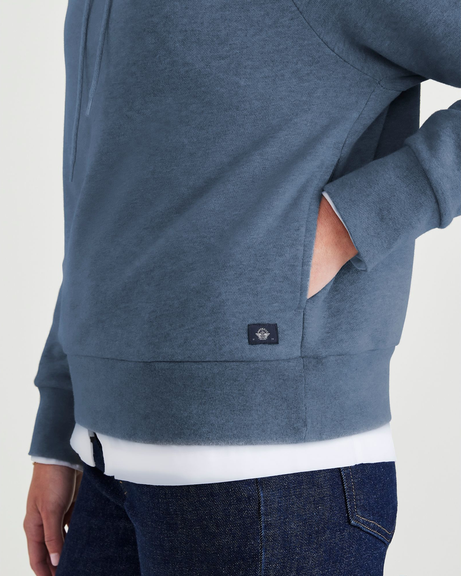 View of model wearing Blue Fusion Popover Hoodie, Relaxed Fit.