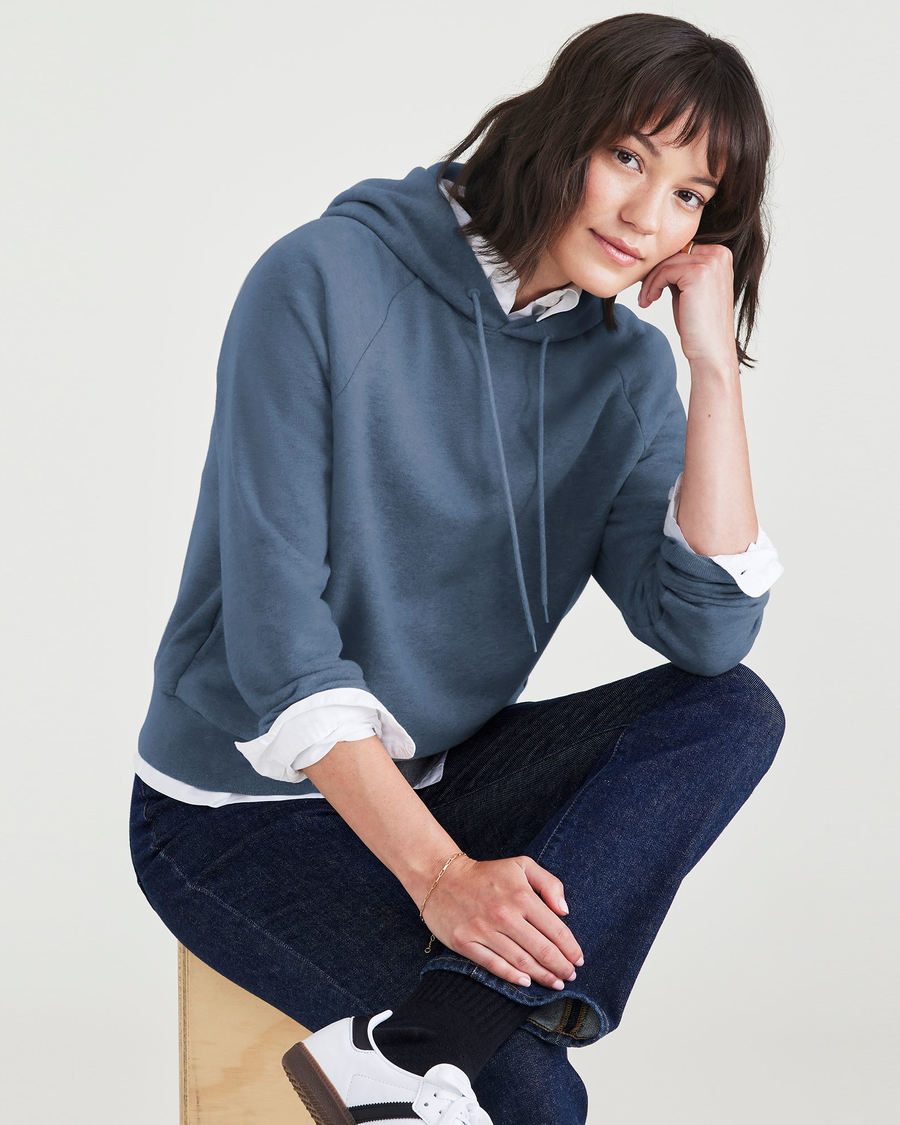 View of model wearing Blue Fusion Popover Hoodie, Relaxed Fit.