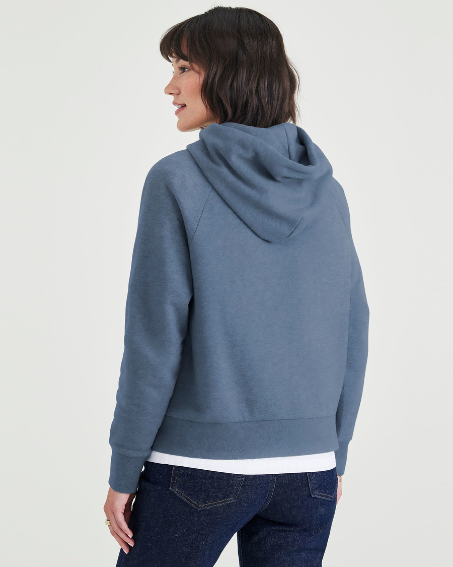 Back view of model wearing Blue Fusion Popover Hoodie, Relaxed Fit.