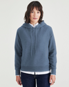 Front view of model wearing Blue Fusion Popover Hoodie, Relaxed Fit.