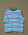 Front view of model wearing Blue, Purple & Teal Striped Tee Shirt, Standard Fit - L.