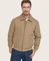 View of model wearing Brown Microtwill Relaxed Bomber Jacket.