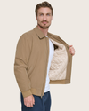 View of model wearing Brown Microtwill Relaxed Bomber Jacket.