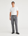 Front view of model wearing Car Park Grey Essential Chinos, Pleated, Classic Fit.