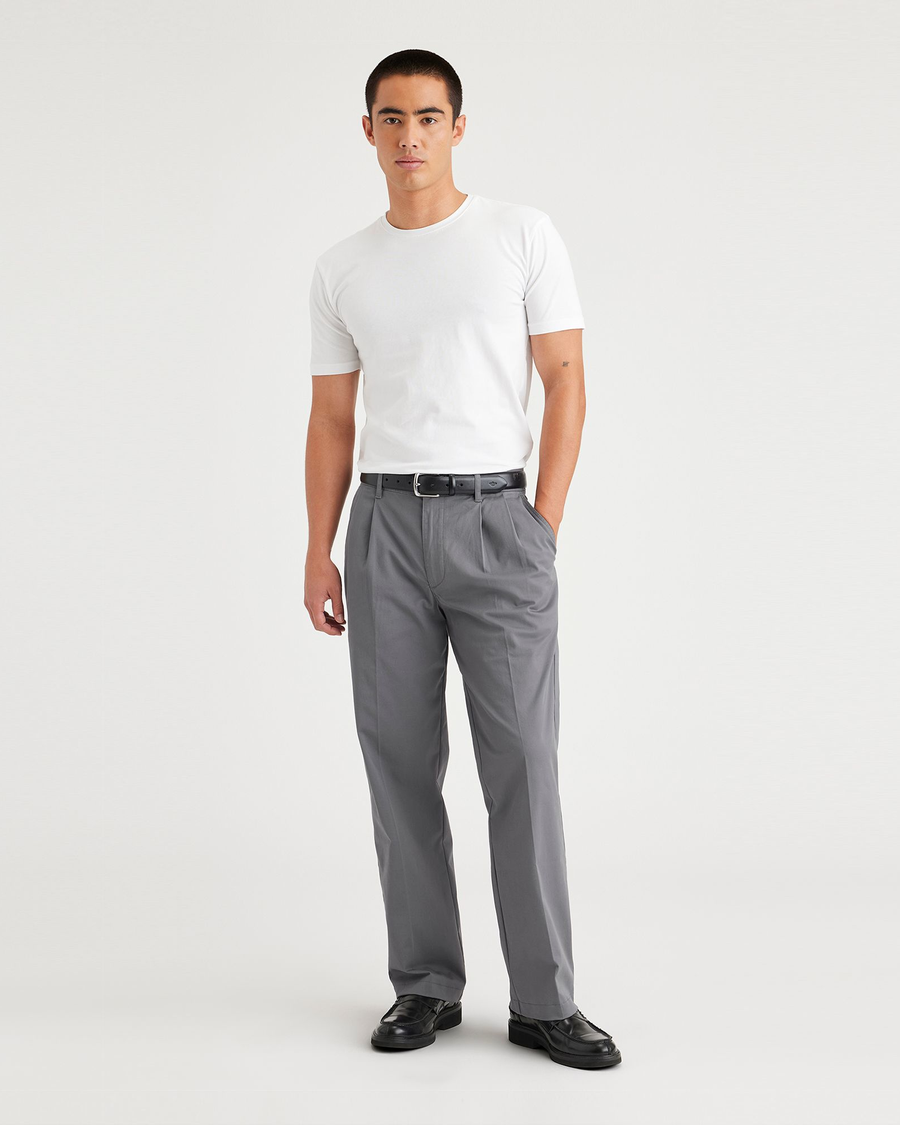 Front view of model wearing Car Park Grey Essential Chinos, Pleated, Classic Fit.