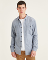 Front view of model wearing Chambray 2 Pocket Workshirt, Regular Fit.