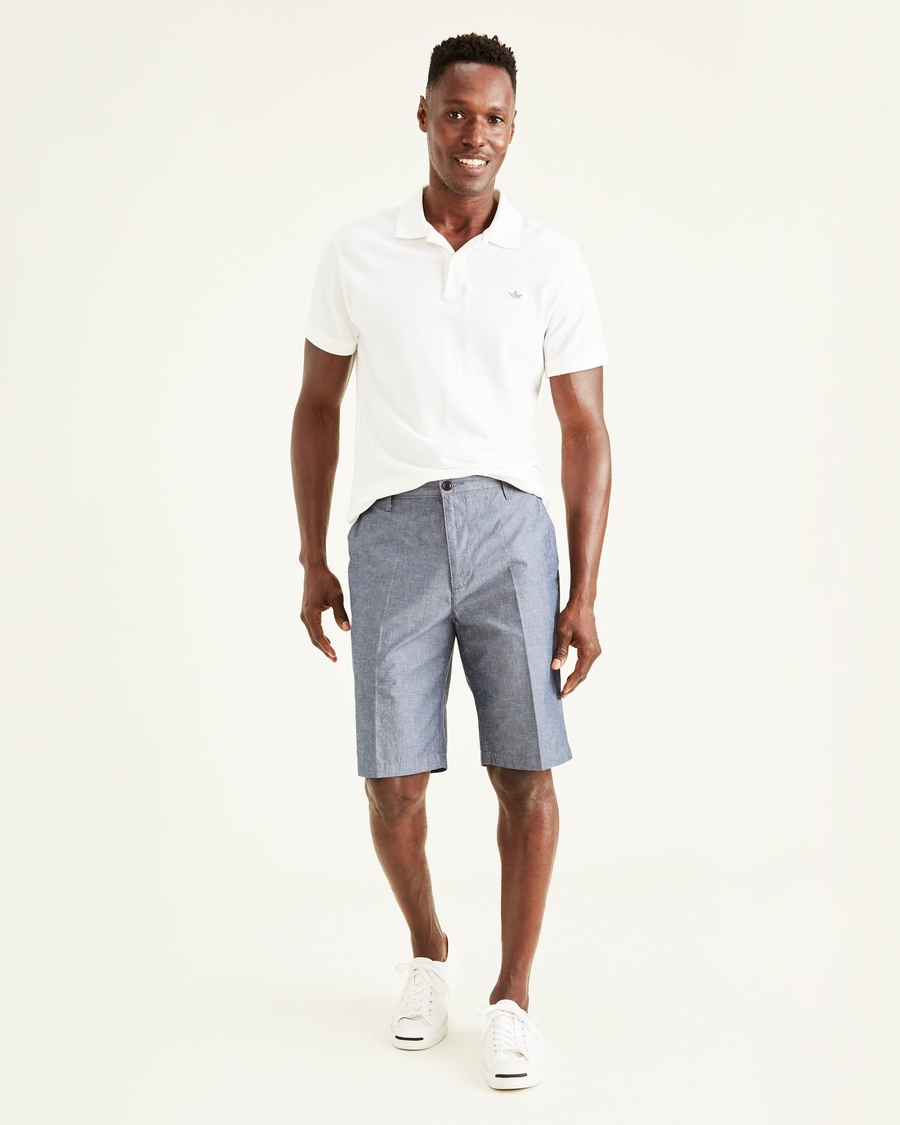 Front view of model wearing Clarke Chambray Faded Navy Perfect 10.5" Shorts.
