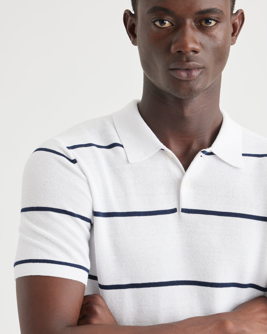 View of model wearing Dogwood Lucent White Sweater Polo, Regular Fit.