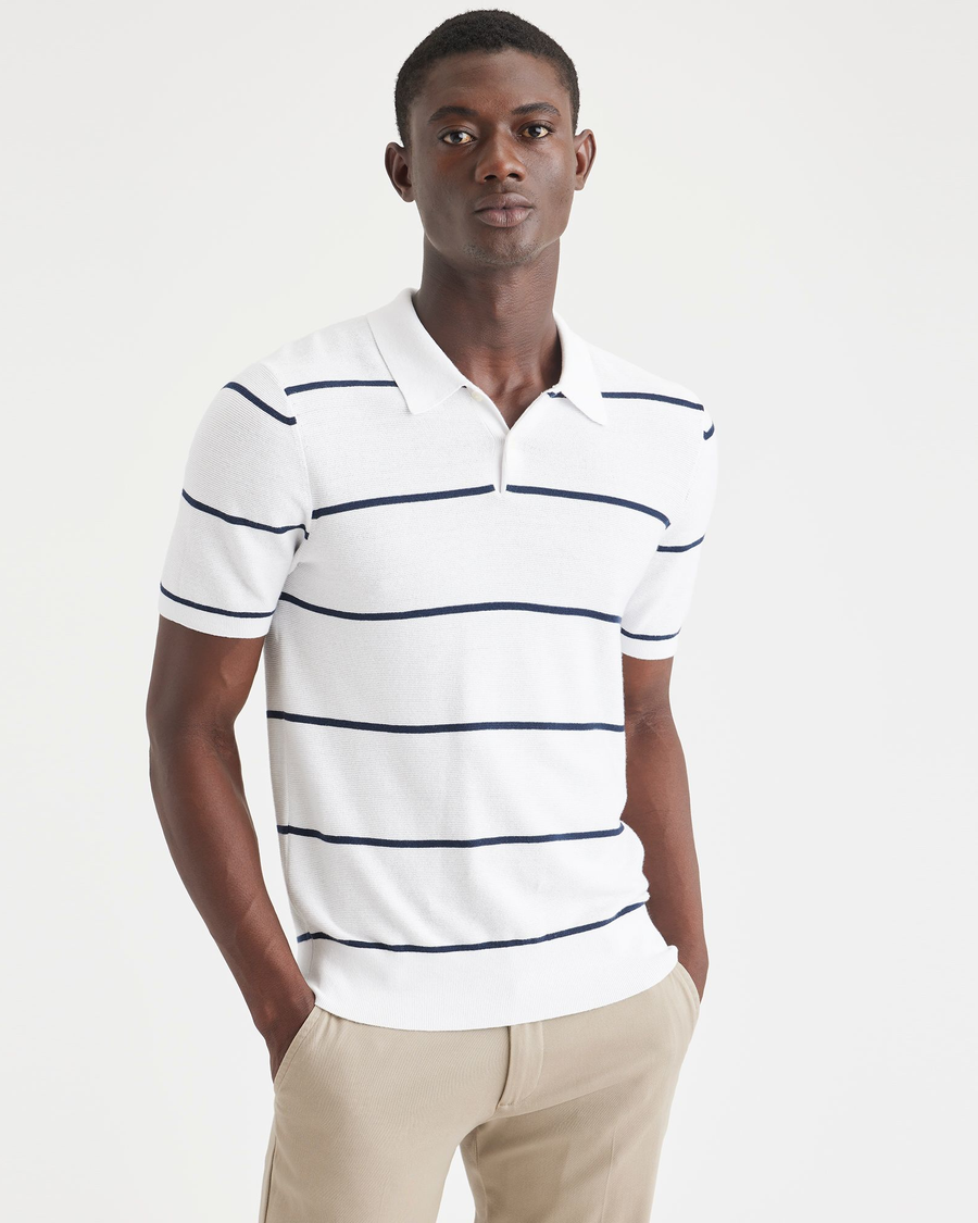 Front view of model wearing Dogwood Lucent White Sweater Polo, Regular Fit.