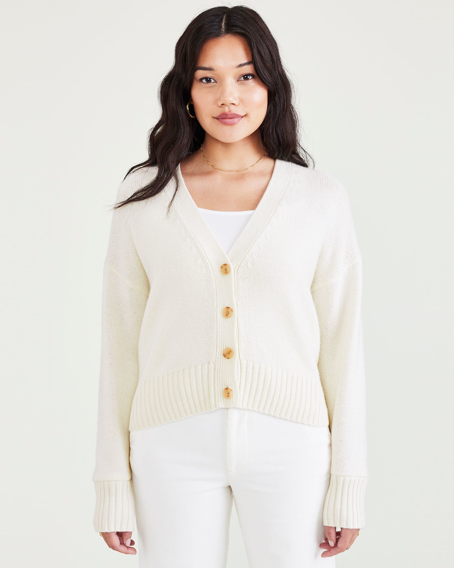 Front view of model wearing Egret Cropped Cardigan, Relaxed Fit.