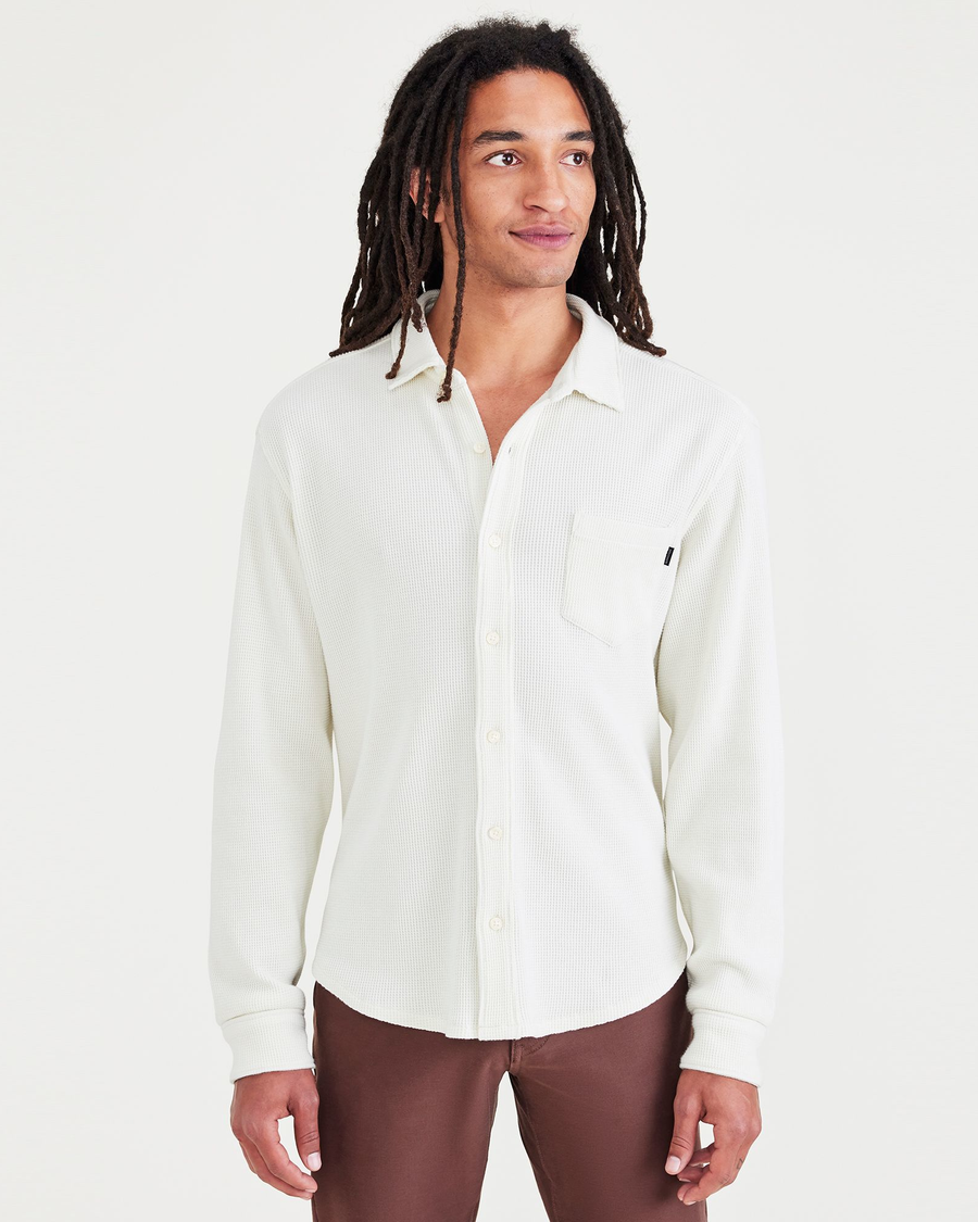 Front view of model wearing Egret Knit Button-Up Shirt, Regular Fit.