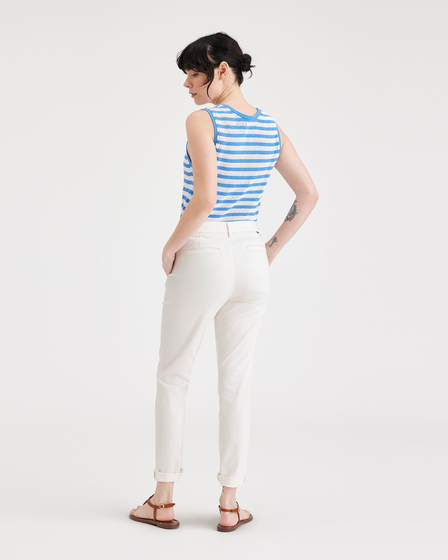 Back view of model wearing Egret Weekend Chinos, Slim Fit: Premium Edition.