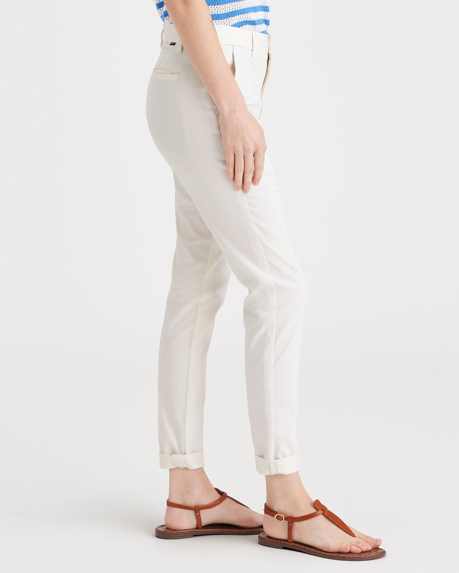 Side view of model wearing Egret Weekend Chinos, Slim Fit: Premium Edition.