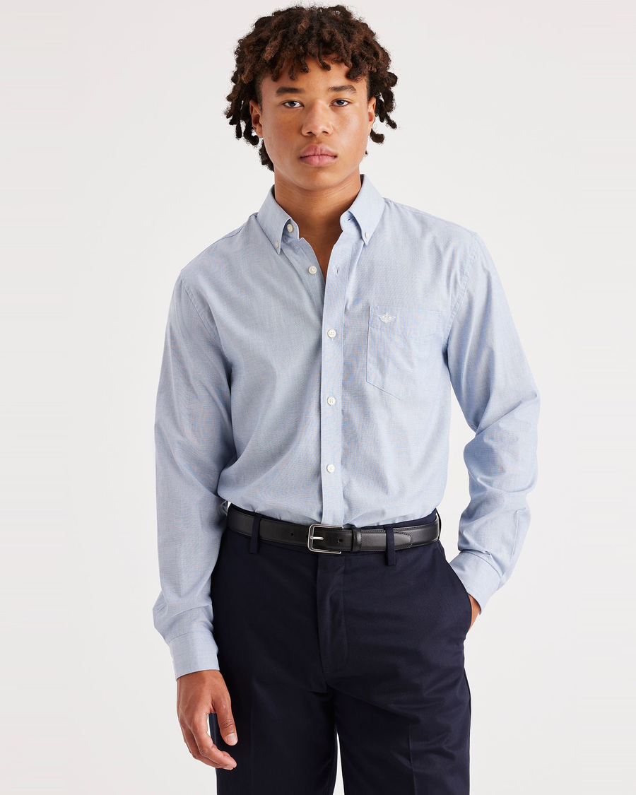 Front view of model wearing End On End Delft Signature Stain Defender Shirt, Classic Fit.