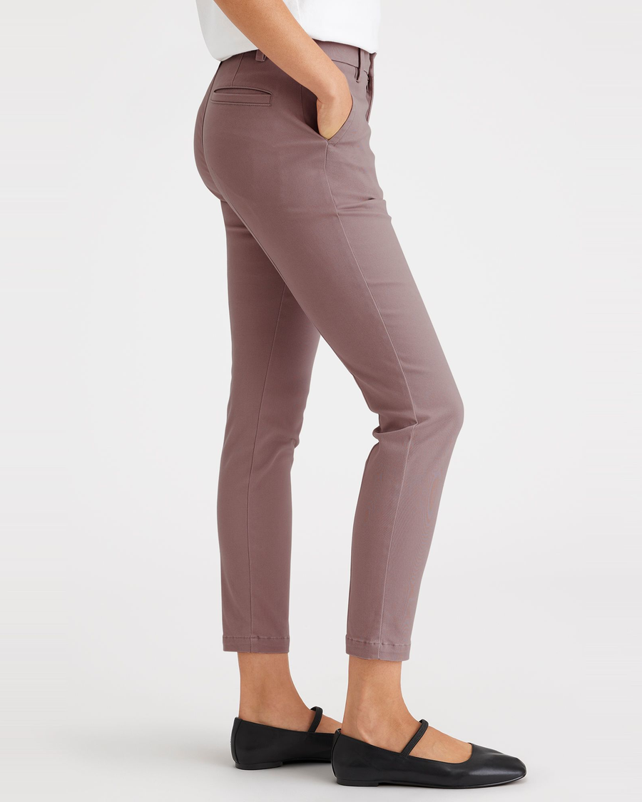 Side view of model wearing Fawn Weekend Chinos, Skinny Fit.