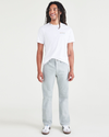 Front view of model wearing Forest Fog Jean Cut Pants, Straight Fit.