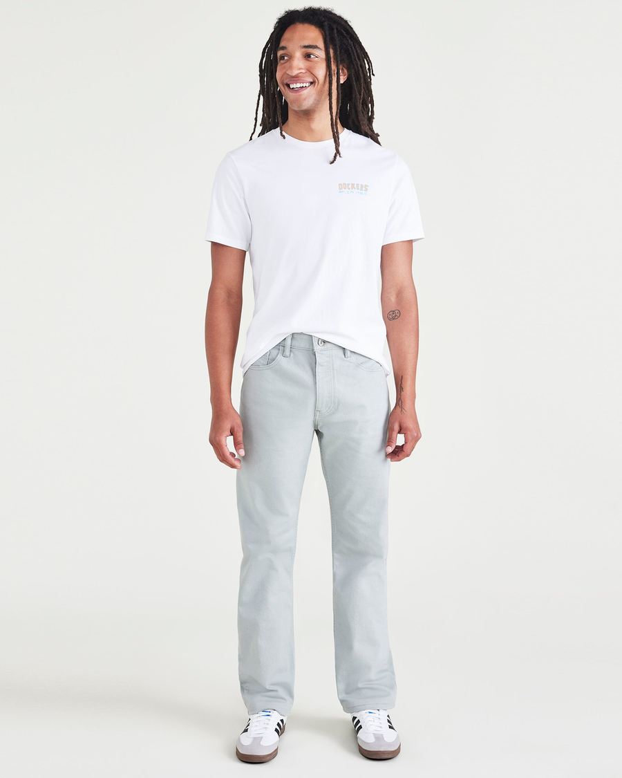 Front view of model wearing Forest Fog Jean Cut Pants, Straight Fit.