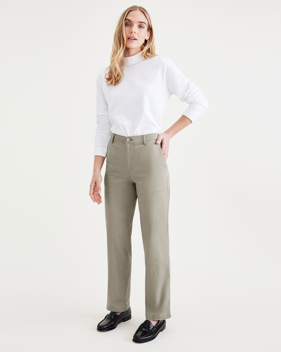 Front view of model wearing Forest Fog Original Khaki, High Waisted, Straight Fit.