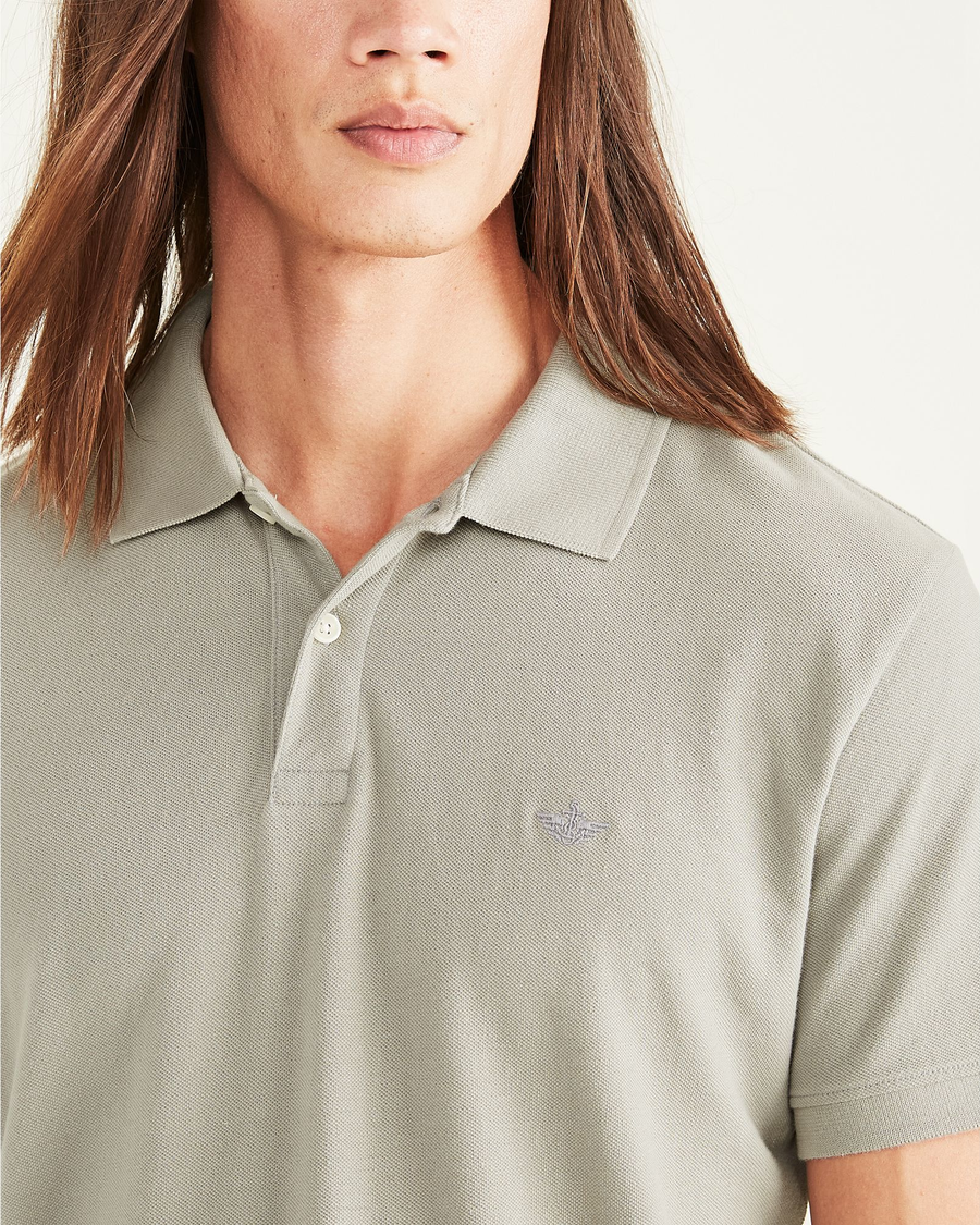 View of model wearing Forest Fog Rib Collar Polo, Slim Fit.
