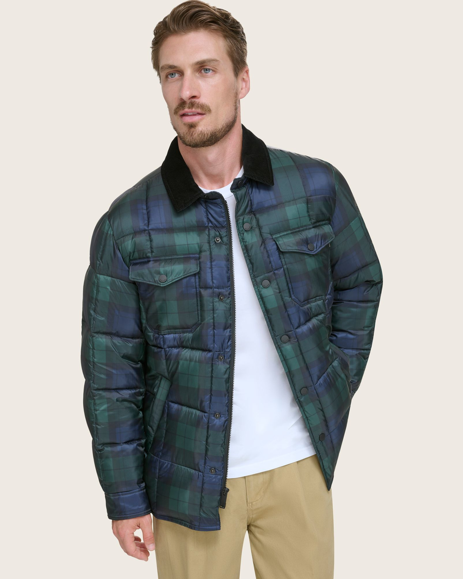 View of model wearing Forest Green Plaid Houndstooth Midweight Box Quilted Jacket.