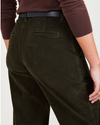 View of model wearing Forest Night Original Khakis, High Waisted, Straight Fit.