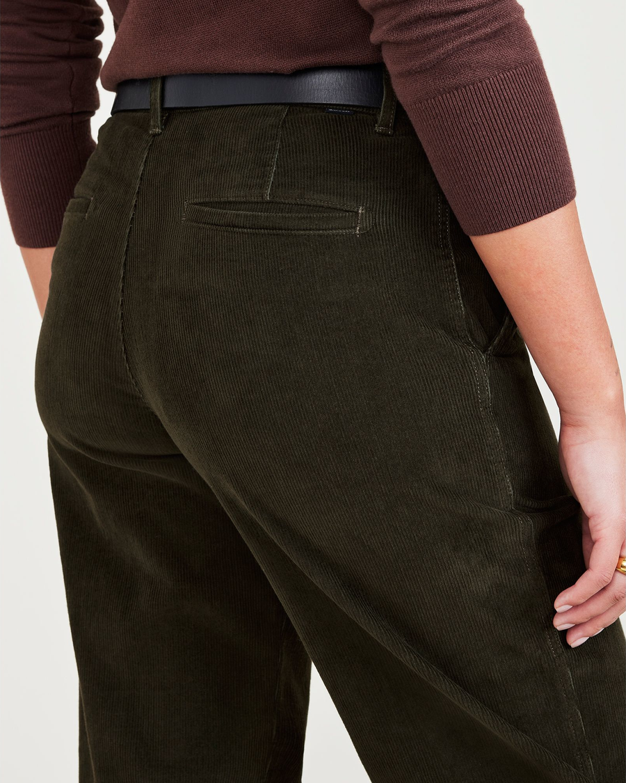View of model wearing Forest Night Original Khakis, High Waisted, Straight Fit.