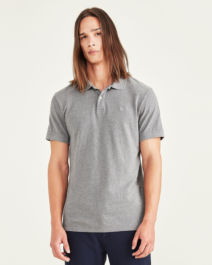 Front view of model wearing Grey Heather Rib Collar Polo, Slim Fit.
