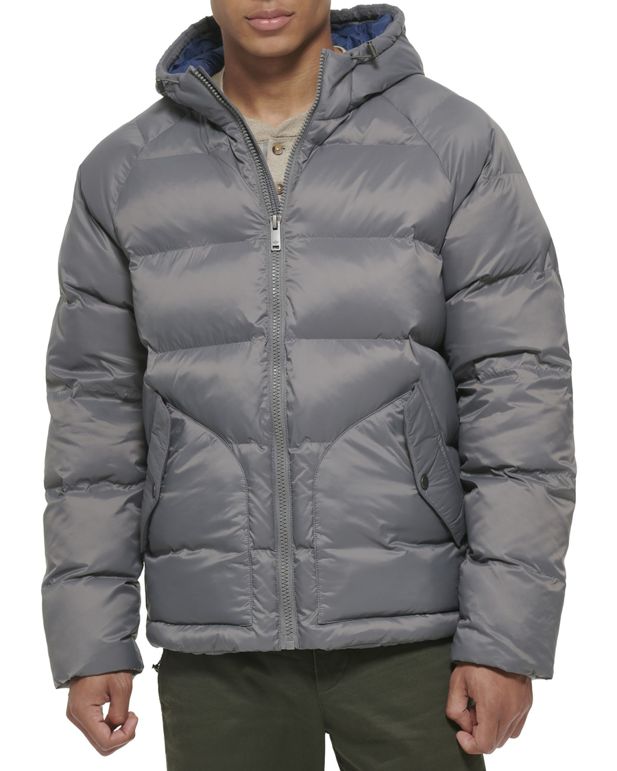 Front view of model wearing Grey Recycled Nylon Puffer Parka.
