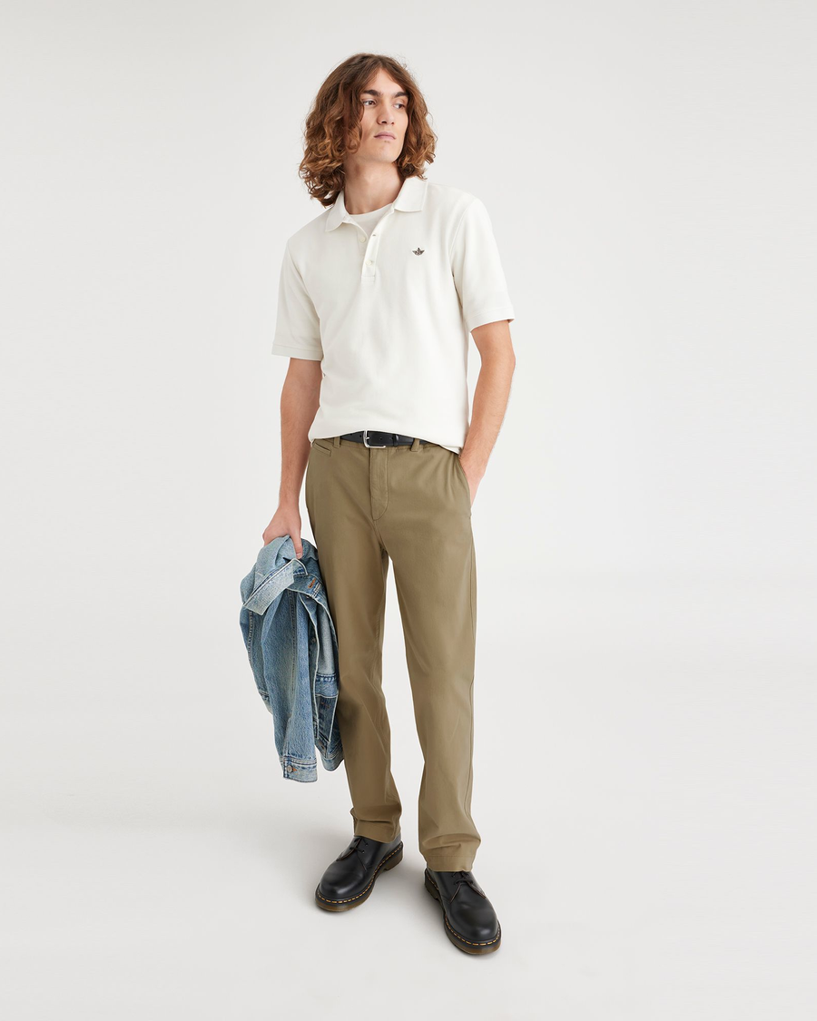 View of model wearing Harvest Gold California Khakis, Straight Fit.