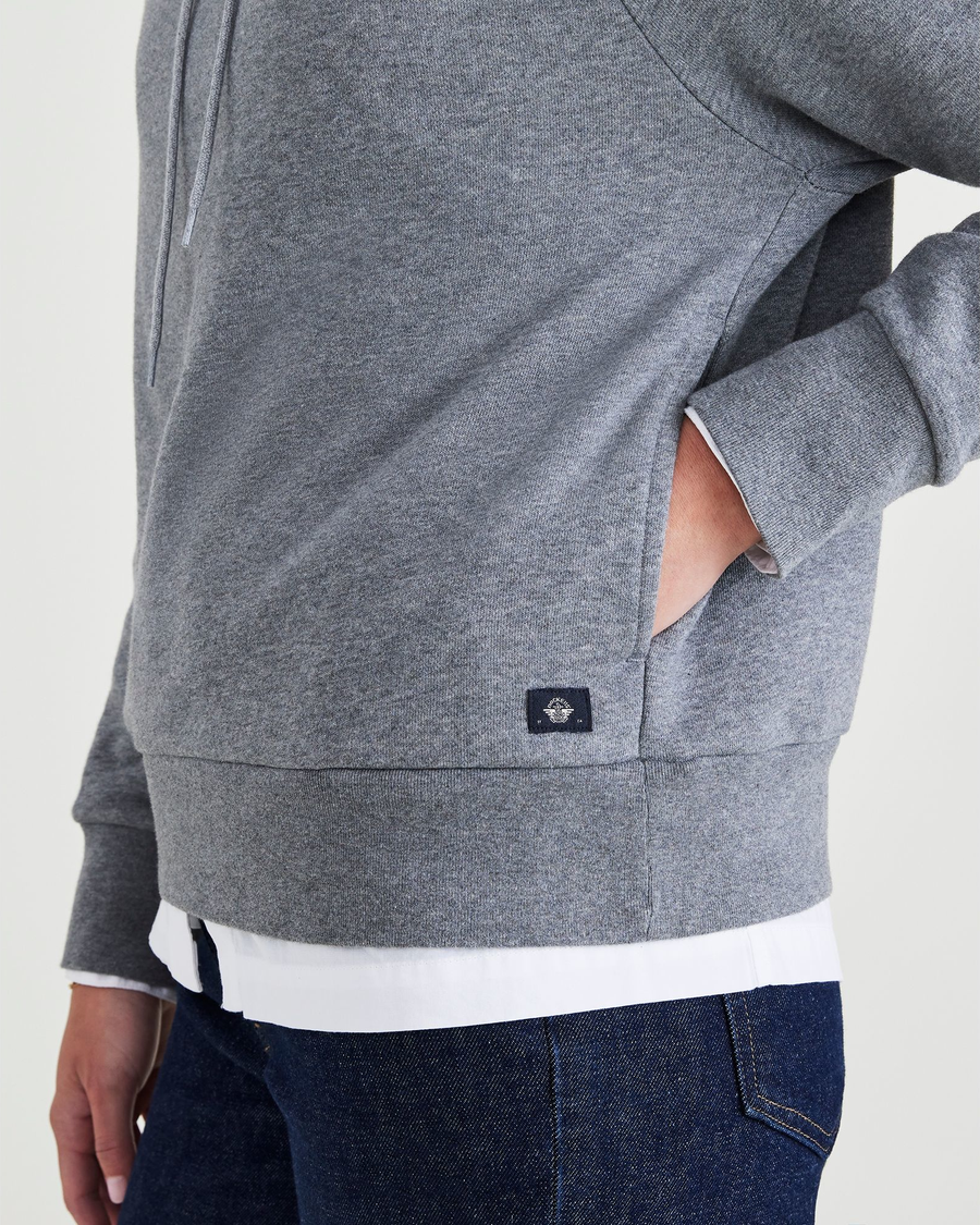 View of model wearing Heather Grey Popover Hoodie, Relaxed Fit.