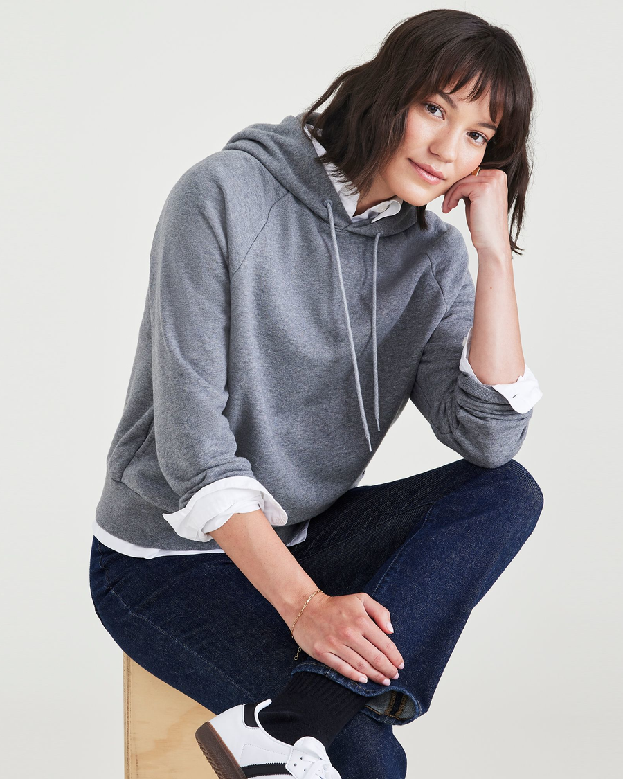 View of model wearing Heather Grey Popover Hoodie, Relaxed Fit.