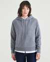 Front view of model wearing Heather Grey Popover Hoodie, Relaxed Fit.