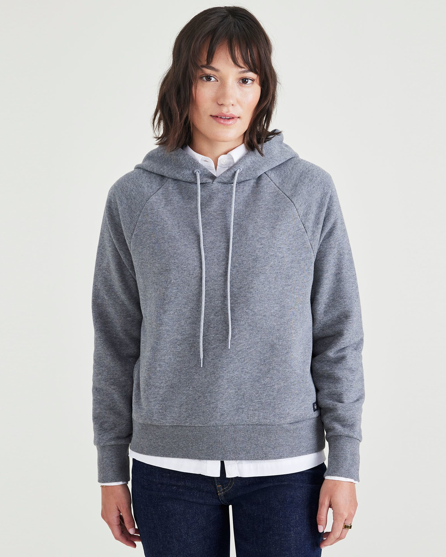 Front view of model wearing Heather Grey Popover Hoodie, Relaxed Fit.
