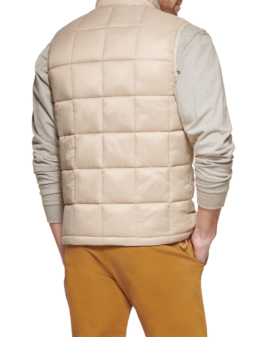 View of model wearing Khaki Box Quilt Puffer Vest, Regular Fit.