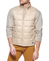 Front view of model wearing Khaki Box Quilt Puffer Vest, Regular Fit.